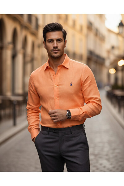 YusGos Long Sleeve Cotton Easy Iron Flannel Regular Fit Premium Men's Shirt Orange XL