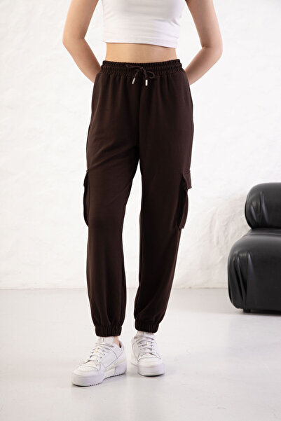 YusGos Women's Soft Textured Modal Fabric Pocket Detailed Elastic Leg Cargo Pants Brown S