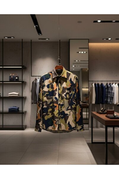 YusGos Long Sleeve Cotton Easy Iron Camouflage Pattern Regular Fit Premium Men's Shirt Green 3XL