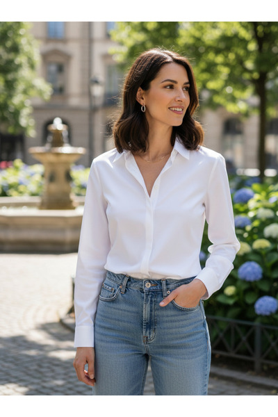 YusGos Women's Long Sleeve Cotton Easy Iron Cotton Satin Regular High Quality Premium Office Shirt White L