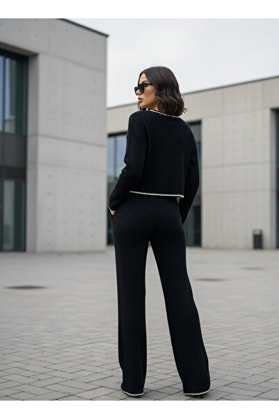 YusGos Women's Crew Neck Shepherd Stitch Knit Crop Sweater Pants Knitwear Top and Bottom Set Black