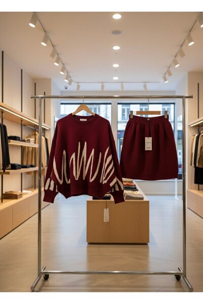 YusGos Women's Bat Sleeve Sweater Mini Skirt Knitwear Winter Set Burgundy XS