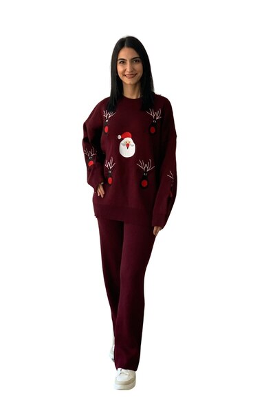 YusGos Women's Long Sleeve New Year Embroidered Crew Neck Knitwear Sweater Pants Set Burgundy Standard