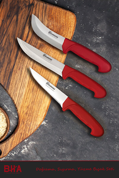 Sürmene Bıçakçı Hacı Ahmet Cherry Üç Parça Mutfak Et Kasap Günlük Kullanım Doğrama Ekmek Bıçak Seti