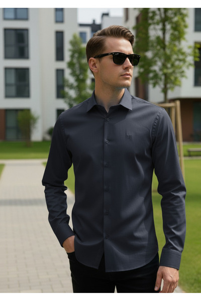 YusGos Men's Classic Fit Regular Fit Regular Collar Long Sleeve Easy Iron Cotton Shirt Anthracite 3XL