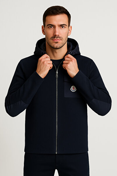 YusGos Men's Back and Arm Knitted and Arm Patched Raincoat Hooded High Quality Coat Jacket Navy Blue