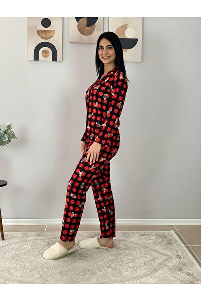 YusGos Women's Teddy Bear Patterned Suede Buttoned Plaid Pajama Set Red L