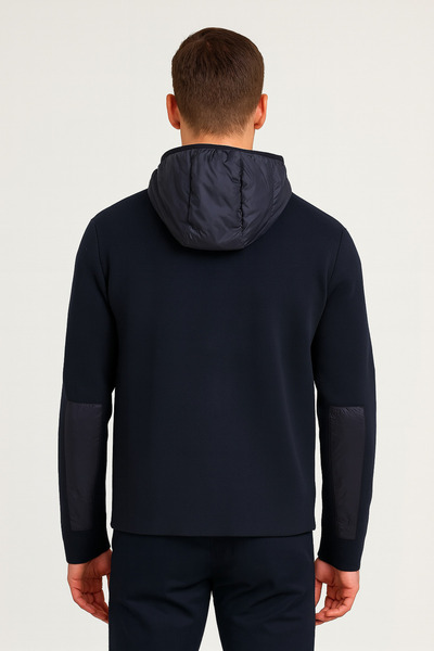 YusGos Men's Back and Arm Knitted and Arm Patched Raincoat Hooded High Quality Coat Jacket Navy Blue