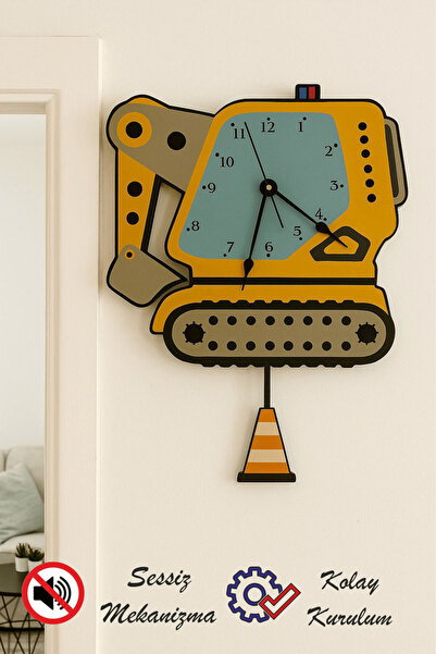 Ste Desing Sevimli Kepçe Tasarımı Sessiz Sarkaçlı Duvar Saati 41x34 Cm