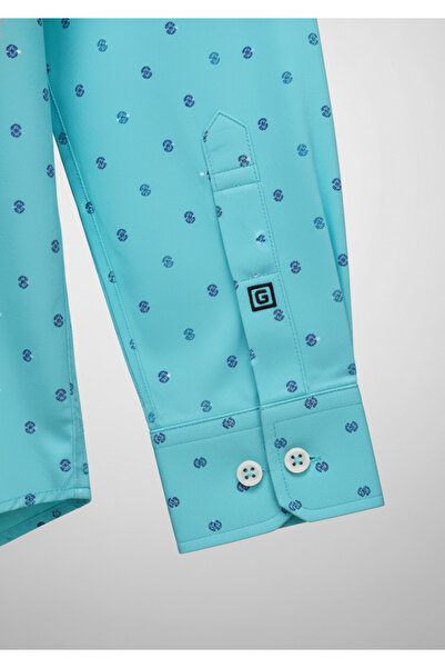 YusGos Men's Regular Fit Regular Collar Long Sleeve Easy Iron Dotted Premium Cotton Satin Shirt Turquoise 2XL