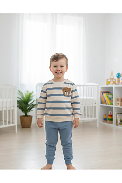 YusGos Striped Bear Flowy Baby Boy Suit Blue 9 - 12 Months