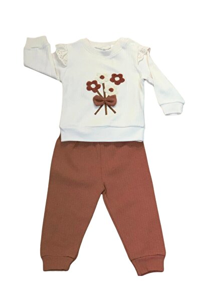 YusGos Floral Flared Sleeve Monthly Baby Girl Set Brown 6-9 Months