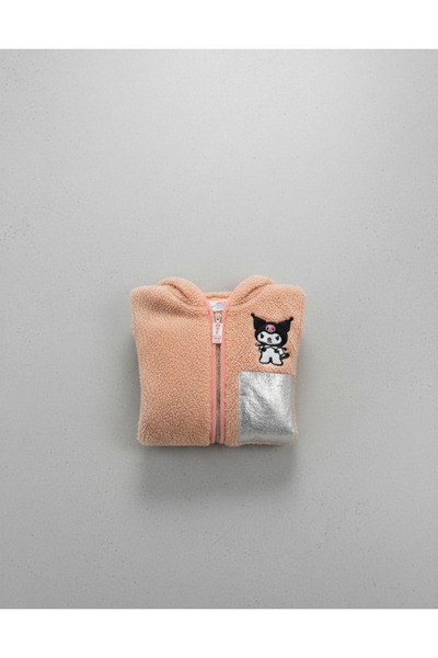 YusGos Zippered Hooded Plush Fleece Printed Girls' Coat Orange 1-2 Years Old