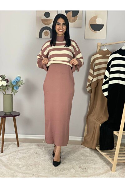 YusGos Women's Striped Plus Size Sweater Dress Powder Standard