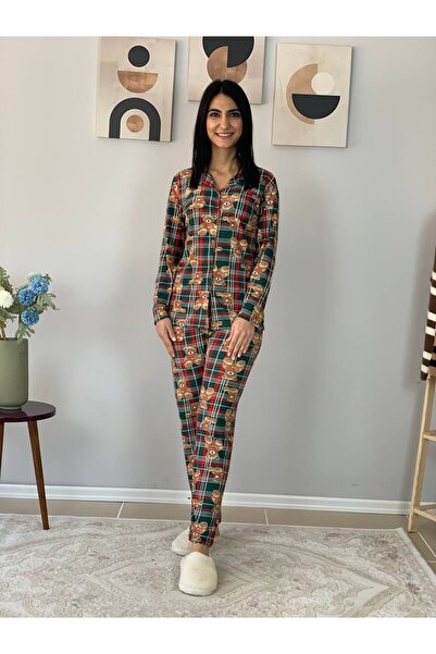 YusGos Women's Teddy Bear Patterned Suede Buttoned Pajama Set Green 2XL