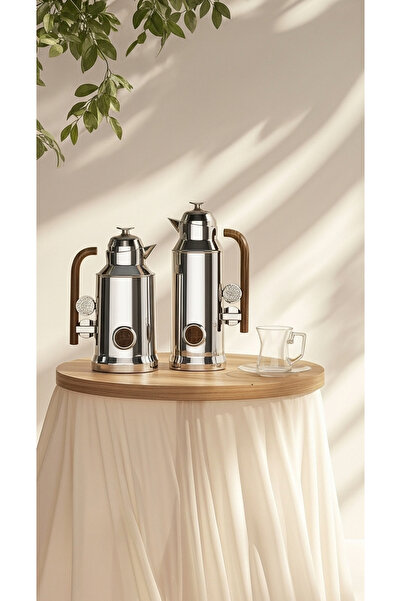 Generic Luxurious and unique design tea and coffee thermos set, silver/wood, 1 liter