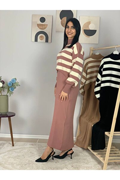 YusGos Women's Striped Plus Size Sweater Dress Powder Standard