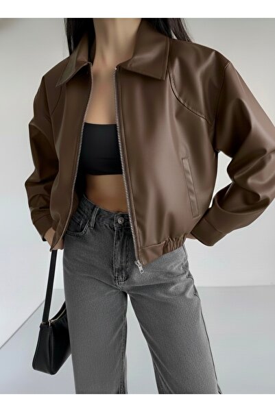 louyan fashion سترة نسائية من الجلد الصناعي بجيب بسحاب