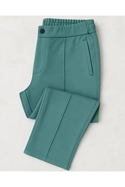 YusGos Cotton Fabric Embossed Striped (piped) Buttoned Basic Comfortable Cut Trousers Green S