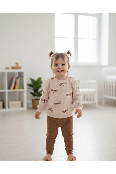 YusGos Yusufcuk Printed Volanlı Kol Monthly Baby Girl Set Brown 9 - 12 Months