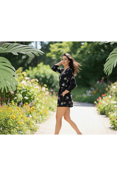 YusGos Women's Flounce Belted Mini Shorts Patterned Stretch Fabric Viscose Dress Black XS