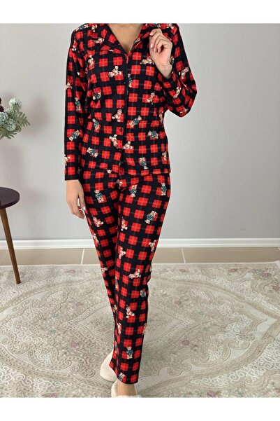 YusGos Women's Teddy Bear Patterned Suede Buttoned Plaid Pajama Set Red L