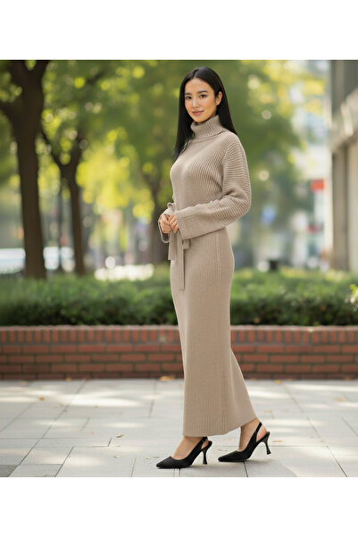 YusGos Long Sleeve Turtleneck Belt Detailed Knitwear Relaxed Fit Midi Dress Beige Standard