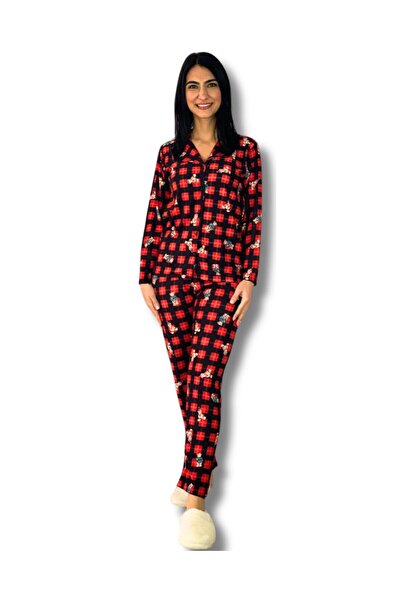 YusGos Women's Teddy Bear Patterned Suede Buttoned Plaid Pajama Set Red 2XL