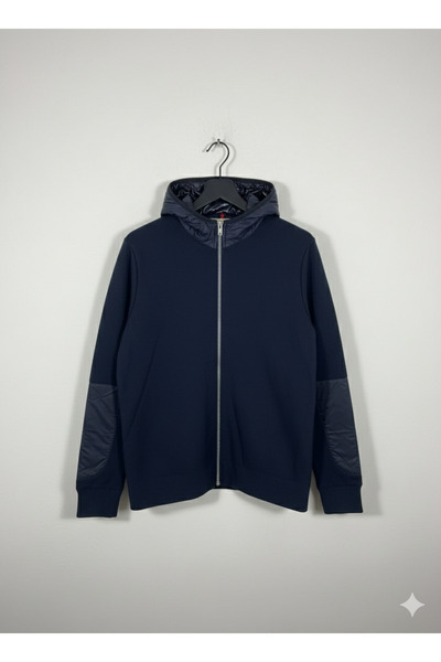 YusGos Men's Back and Arm Knitted and Arm Patched Raincoat Hooded High Quality Coat Jacket Navy Blue