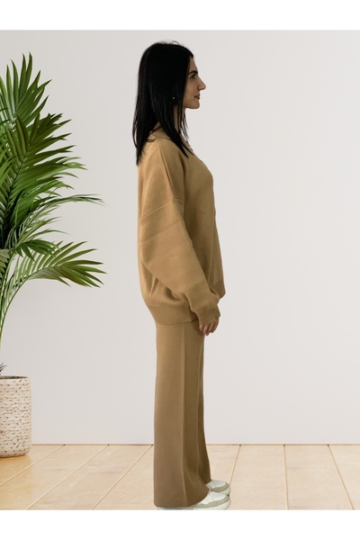 YusGos Women's Long Sleeve Teddy Bear Crew Neck Knitwear Sweater Pants Set Tan Standard