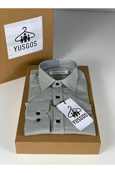 YusGos Men's Long Sleeve 100% Cotton Striped High Quality Regular Fit Shirt Khaki XL