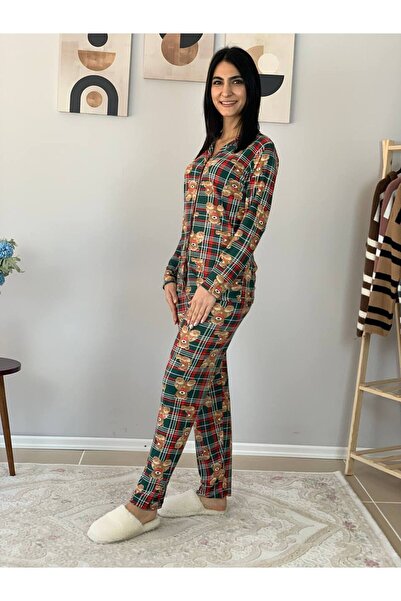 YusGos Women's Teddy Bear Patterned Suede Buttoned Pajama Set Green 2XL