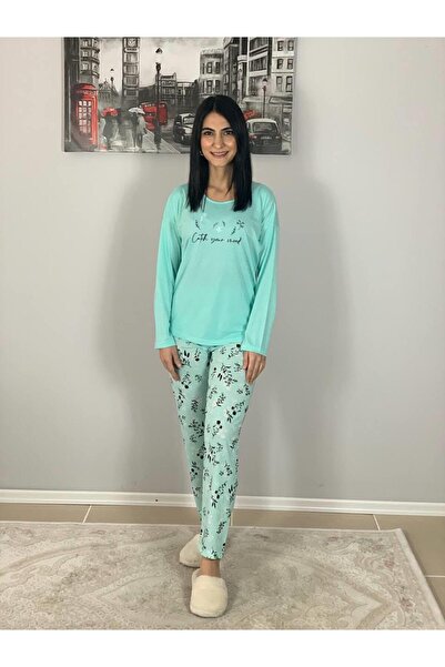 YusGos Women's Cotton Viscon Floral Patterned Pajama Set (Green) Green XL
