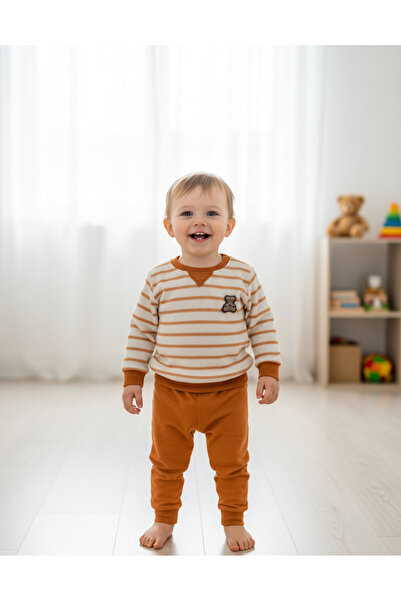 YusGos Striped Monthly Teddy Bear Baby Boy Set Orange 9 - 12 Months