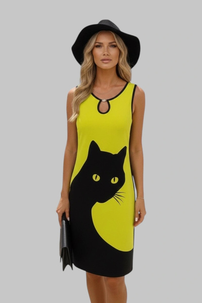 Jessica Dafer Beti 3D Kedi Baskılı Kolsuz, O Halkalı Yaka Detayıyla Rahat Tar...