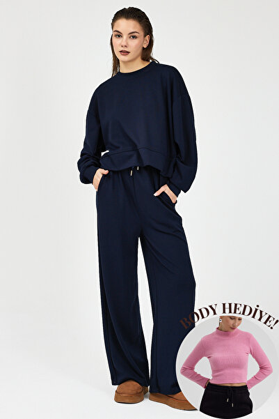 Mezka Confortabil, elastic, cu mâneci lungi, țesătură moale premium, modal, bleumarin, set de sus și de jos