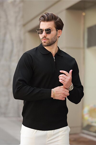 Madmext Men's Polo Collar Zippered Long Sleeve Sweater 7240