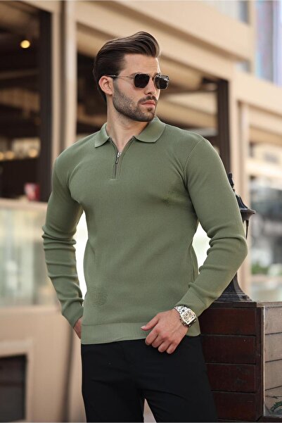 Madmext Ανδρικό πουλόβερ με μακρυμάνικο χακί λαιμόκοψη 7240