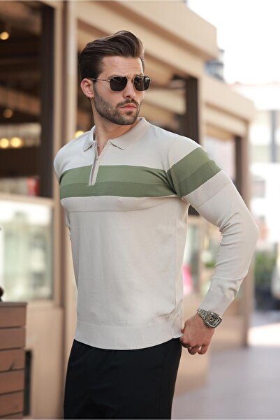 Madmext Μπεζ μακρυμάνικο πουλόβερ με λαιμόκοψη με φερμουάρ E7288