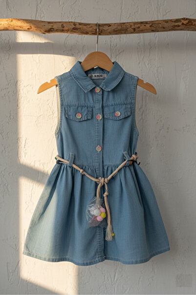 Kids Girl's Pompon and Belt Denim Dress