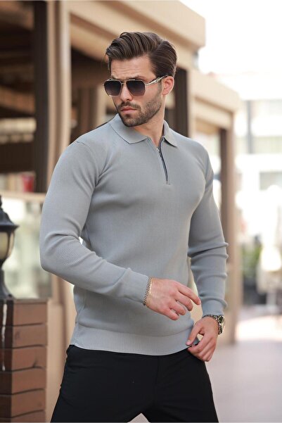Madmext Polo Neck Zippered Gray Men's Sweater - Long Sleeve 7240