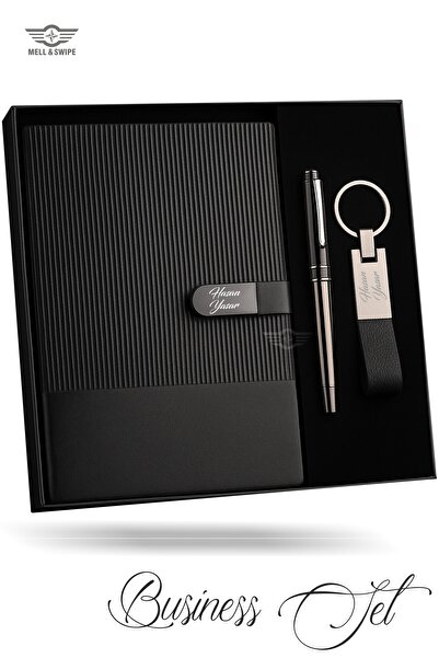 MELL & SWIPE Kişiye İsme Özel Premium Siyah Ajanda Kalem Anahtarlık Seti Termo Deri Defter Kutulu Hediyelik