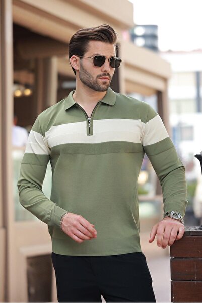 Madmext Haki Fermuarlı Polo Yaka Çizgili Uzun Kollu Kazak E7288