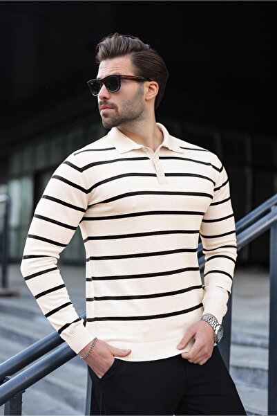 Madmext Μακρυμάνικο πουλόβερ με ριγέ πόλο με μπεζ κουμπιά 7263