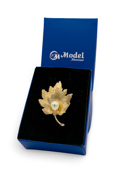 model aksesuar Yaprak Gold Incili Broş