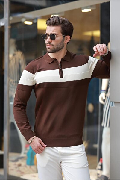 Madmext Καφέ μακρυμάνικο πουλόβερ με ριγέ λαιμόκοψη με φερμουάρ E7288