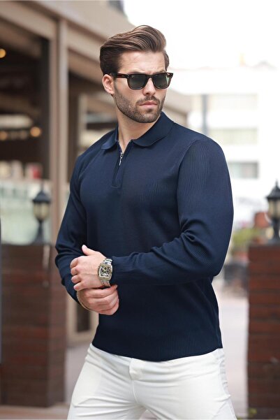 Madmext Чоловічий светр з коміром-поло, синій - на блискавці, з довгими рукавами 7240