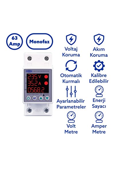 TOMZN Gerilim ve Akım Koruma Rölesi Yüksek Düşük Voltaj Akım Koruyucu 63A Enerji Ölçerli
