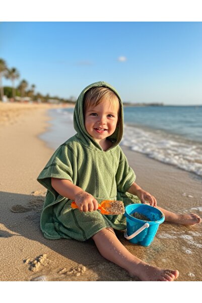 PAMUK HANIM Kapşonlu Pamuklu Deniz-plaj-havuz Kız-erkek Çocuk Havlu Panço / Yeşil