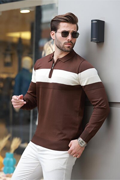 Madmext Καφέ μακρυμάνικο πουλόβερ με ριγέ λαιμόκοψη με φερμουάρ E7288